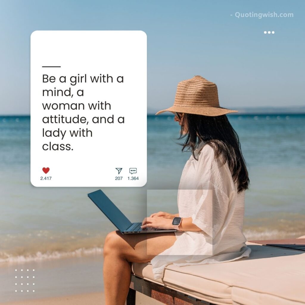 A girl working on a laptop with wearing a hat and sit near a beach with white clothes